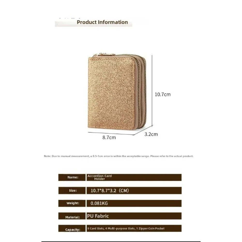 Womens Gold Glitter Wallet Double‎ Zipper Accordion Card Holder Coin Purse
